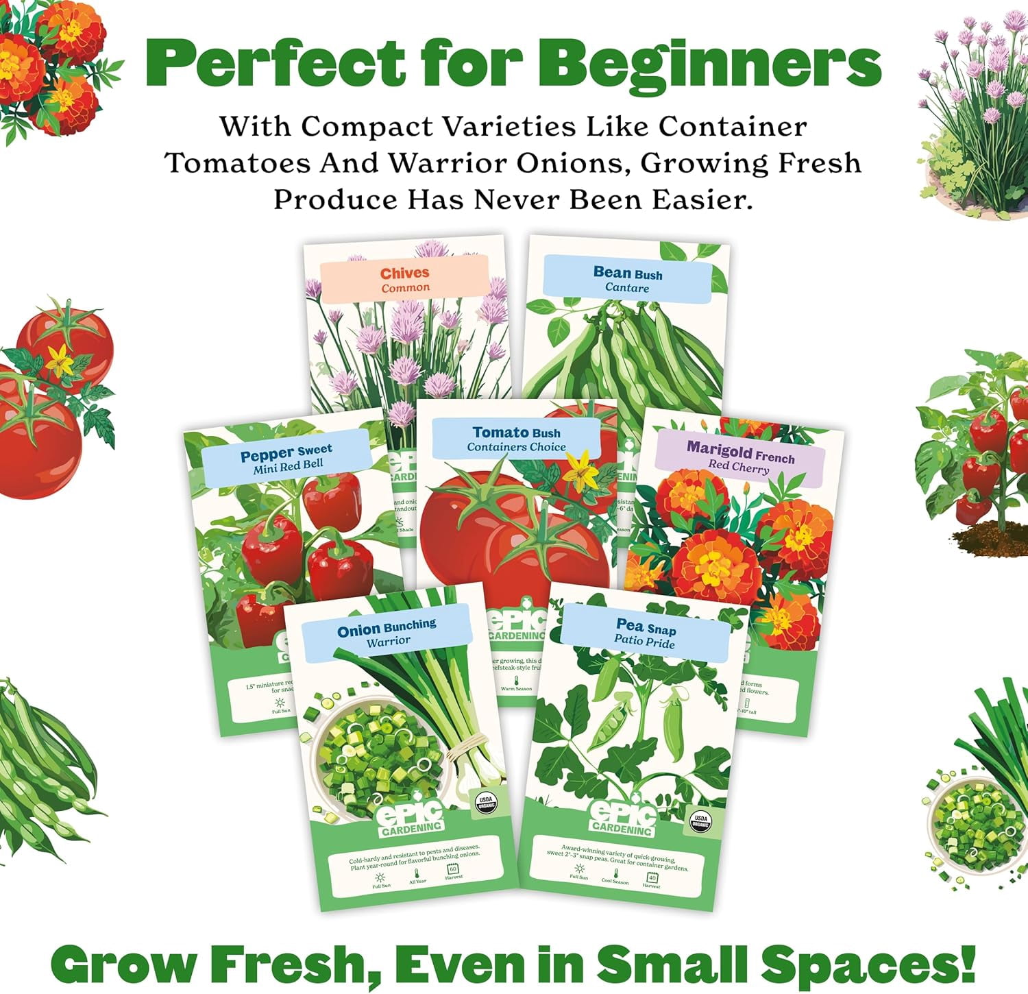 Epic Gardening Beginner Patio Garden Seed Kit, 7 Compact Varieties for Small Spaces, Includes Peppers, Beans, Tomatoes & Flowers, Non-GMO Seeds