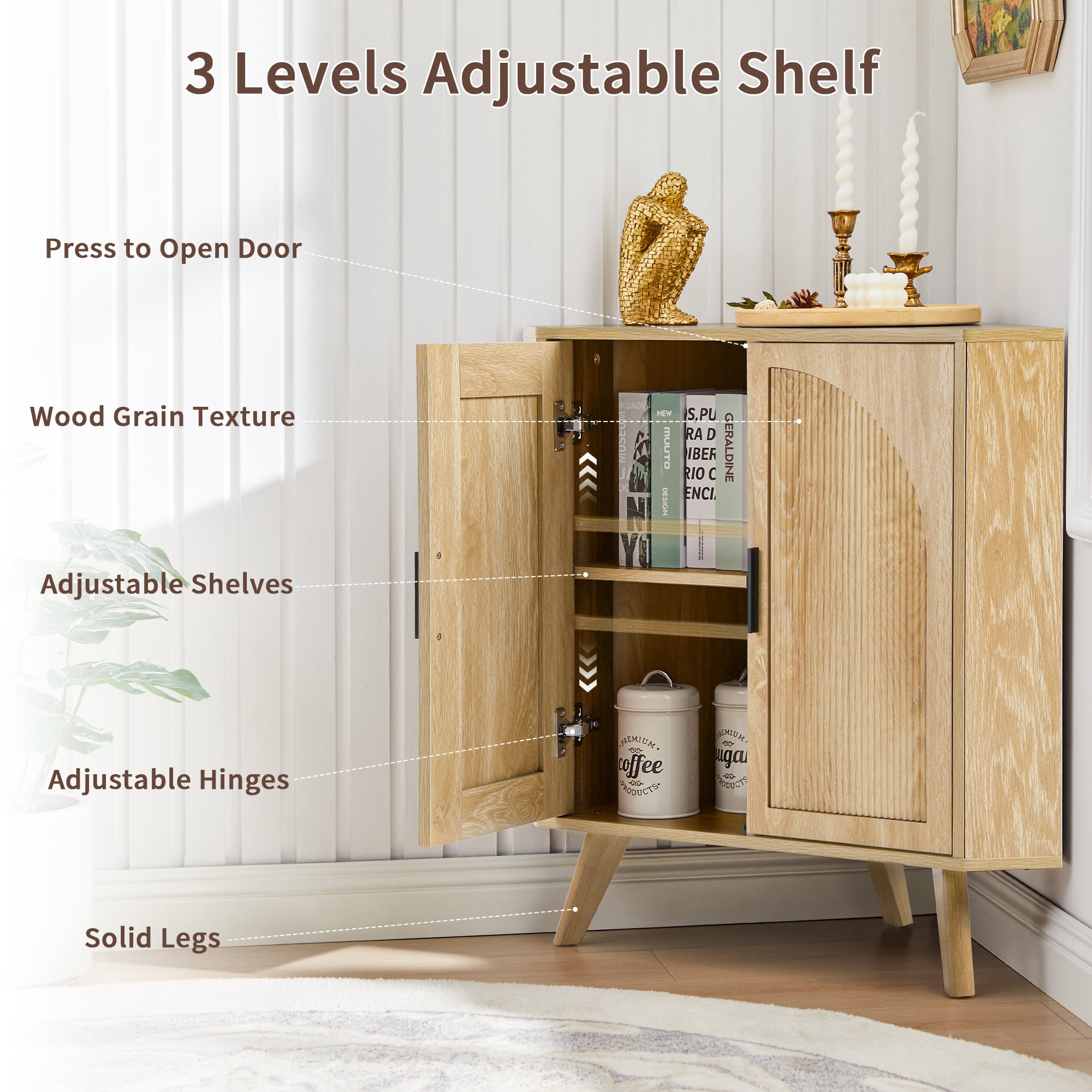 Fluted Corner Cabinet with 2 Doors & Adjustable Shelves, Space-Saving Floor Storage Cabinet for Bathroom, Kitchen, Living Room, Modern Freestanding Organizer (Oak)