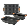 Rachael Ray 3 Piece Yum-o! Bakeware Oven Lovin' Nonstick Muffin, Loaf, and Cake Pan Set, Gray with Orange Handles