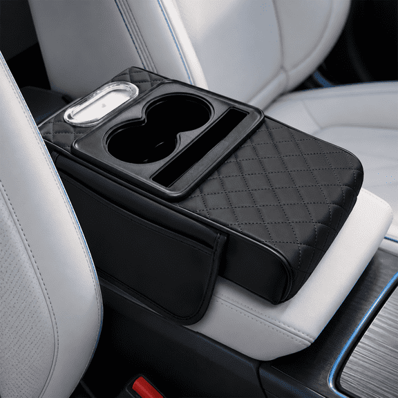 5 in 1 Car Armrest Cover, Black Nappa Leather Center Console Organizer with Car Tissue Holder, Cup Holder, Phone Holder and 2 Storage Pockets, Armrest Cover for Car SUV Sedan Truck