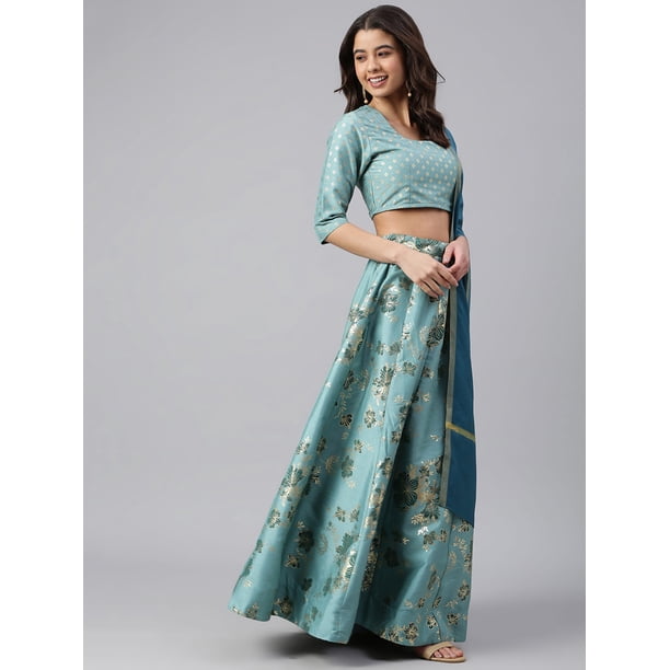 Janasya Indian Women's Sea Green Poly Silk Gold Print Lehenga Choli With  Dupatta - Walmart Business Supplies