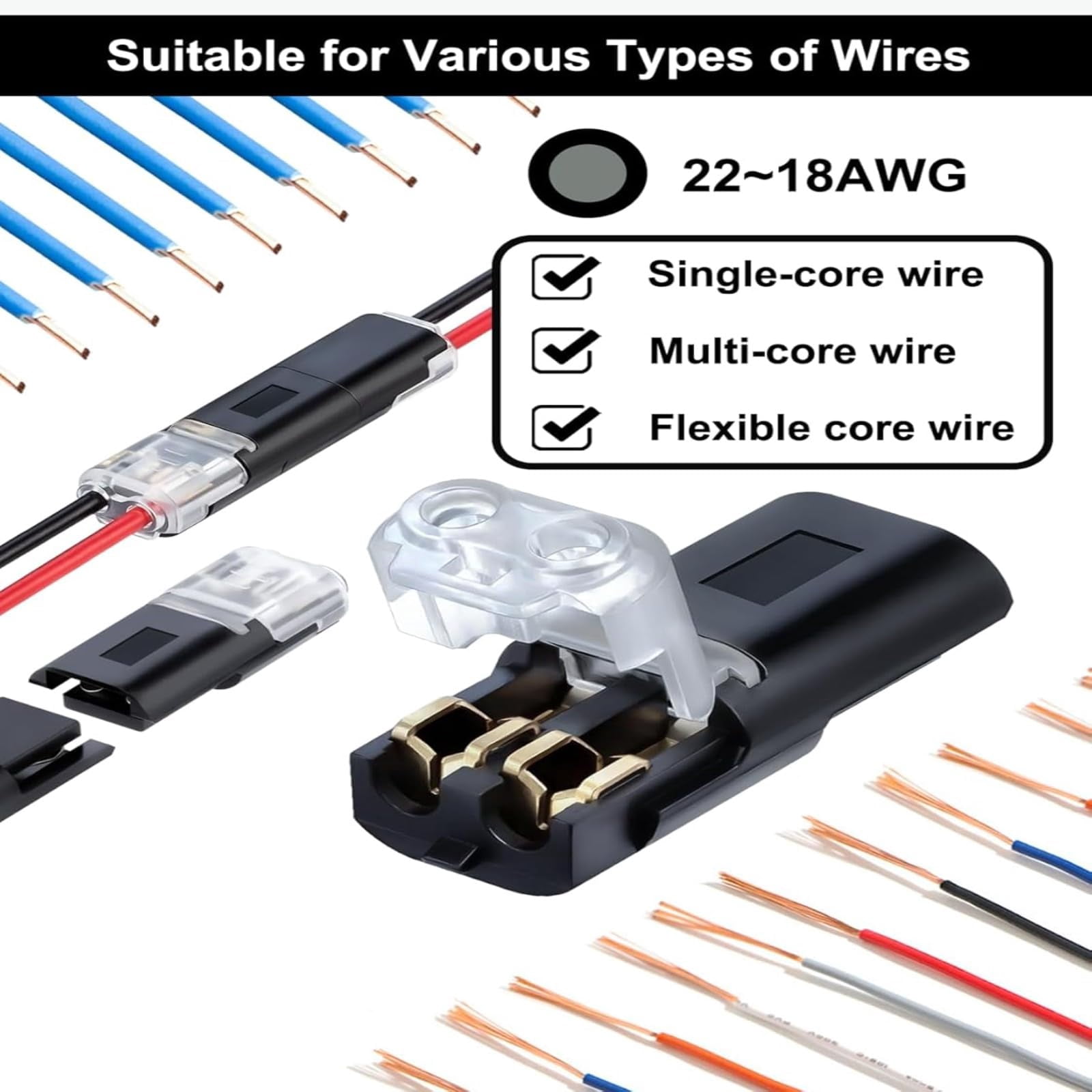 50Pcs 2 Pin Double Wire Plug-in Connector with Locking Buckle, Universal Compact 2 Way Electrical Wire Connector