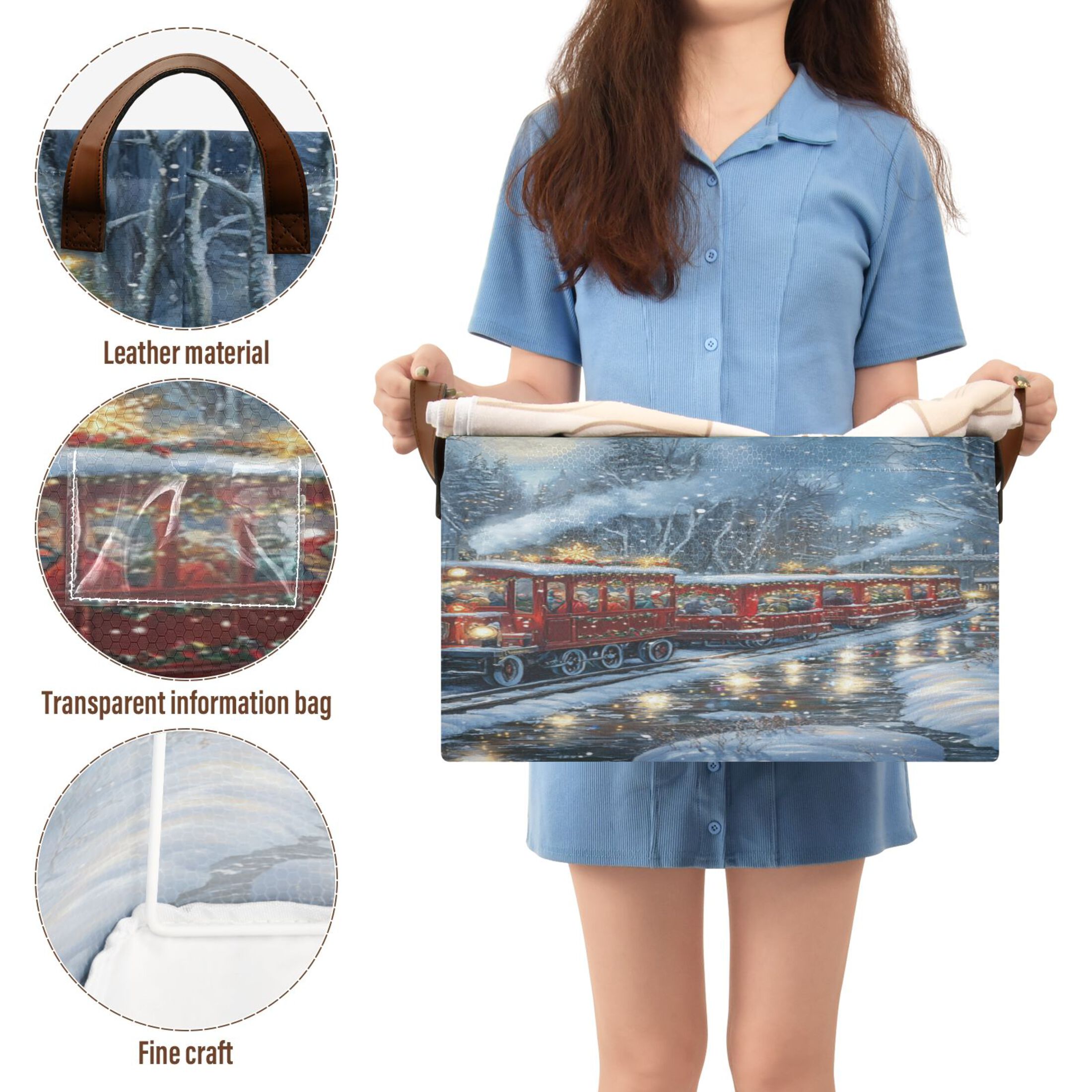 Christmas Train Picture Storage Basket Soccer Plaid Fabric Hoard Box Oversized Collapsible Closet Organizer with Metal Iron Frame 16.9×11.4×10in