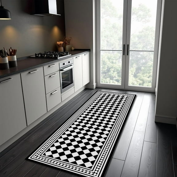 Black Bordered Runner Rug, Diamond Motif Kitchen Runner Rug, Black and White Hallway Runner, Geometric Entryway Carpet, Gift For Halloween, Salon Decor 60x18in/5x1.5ft