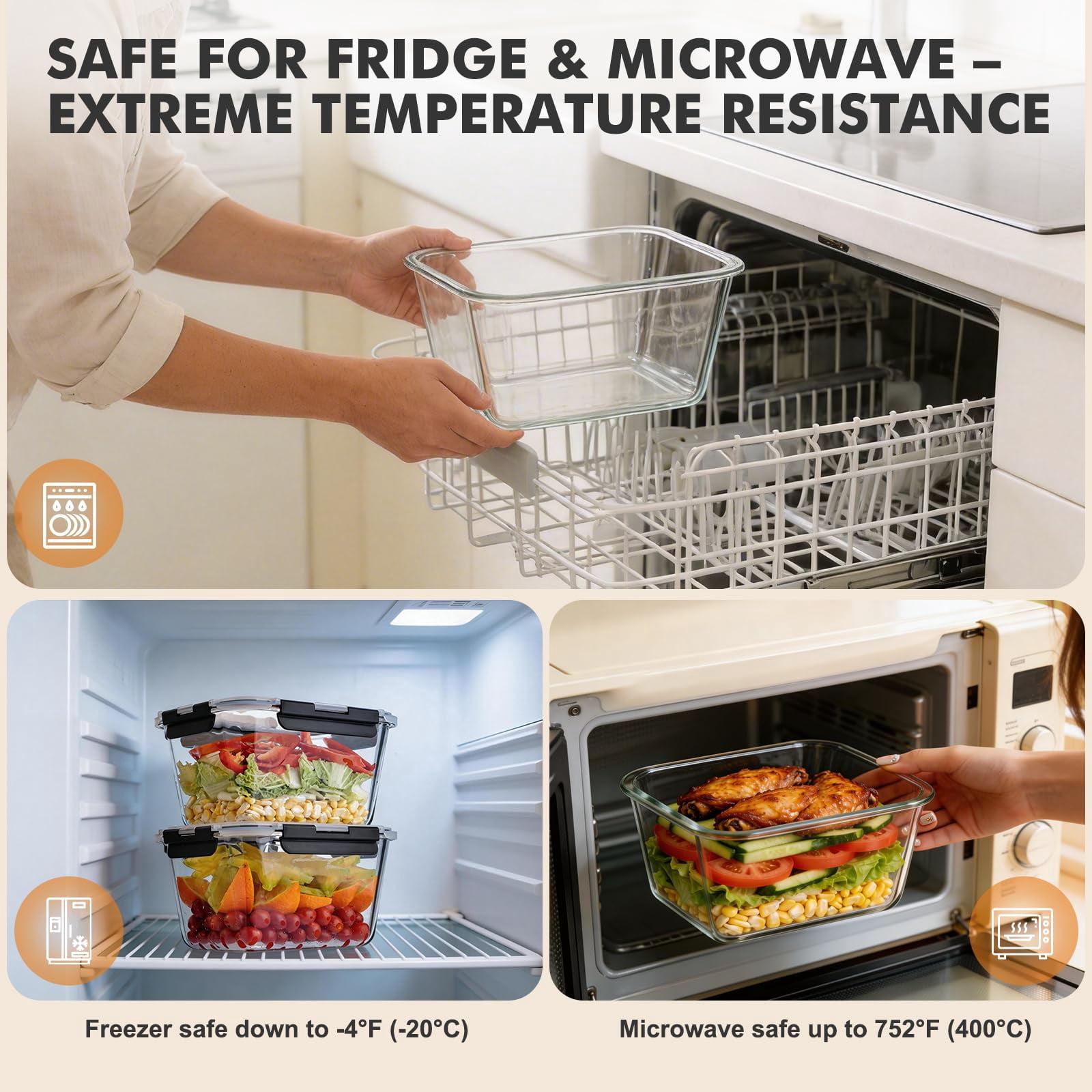 Glass Food Storage Containers with Lids – Airtight Meal Prep Containers, Leak-Proof Locking Bento Boxes for Microwave, Oven, Freezer, Dishwasher, BPA Free