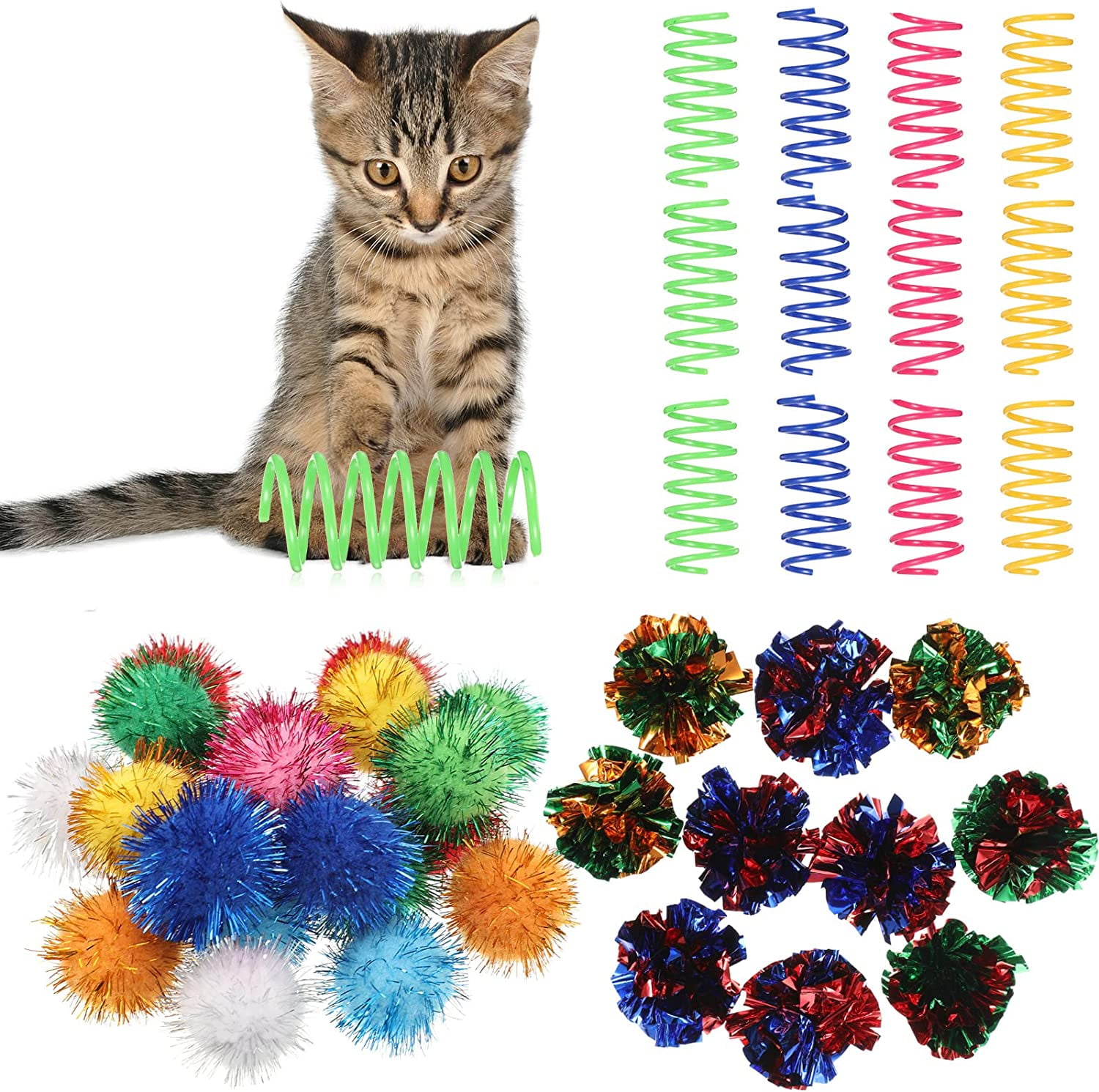 60Pcs Crinkle Balls Cat Toy and Spring,Mylar Crinkle Ball Cat Toy