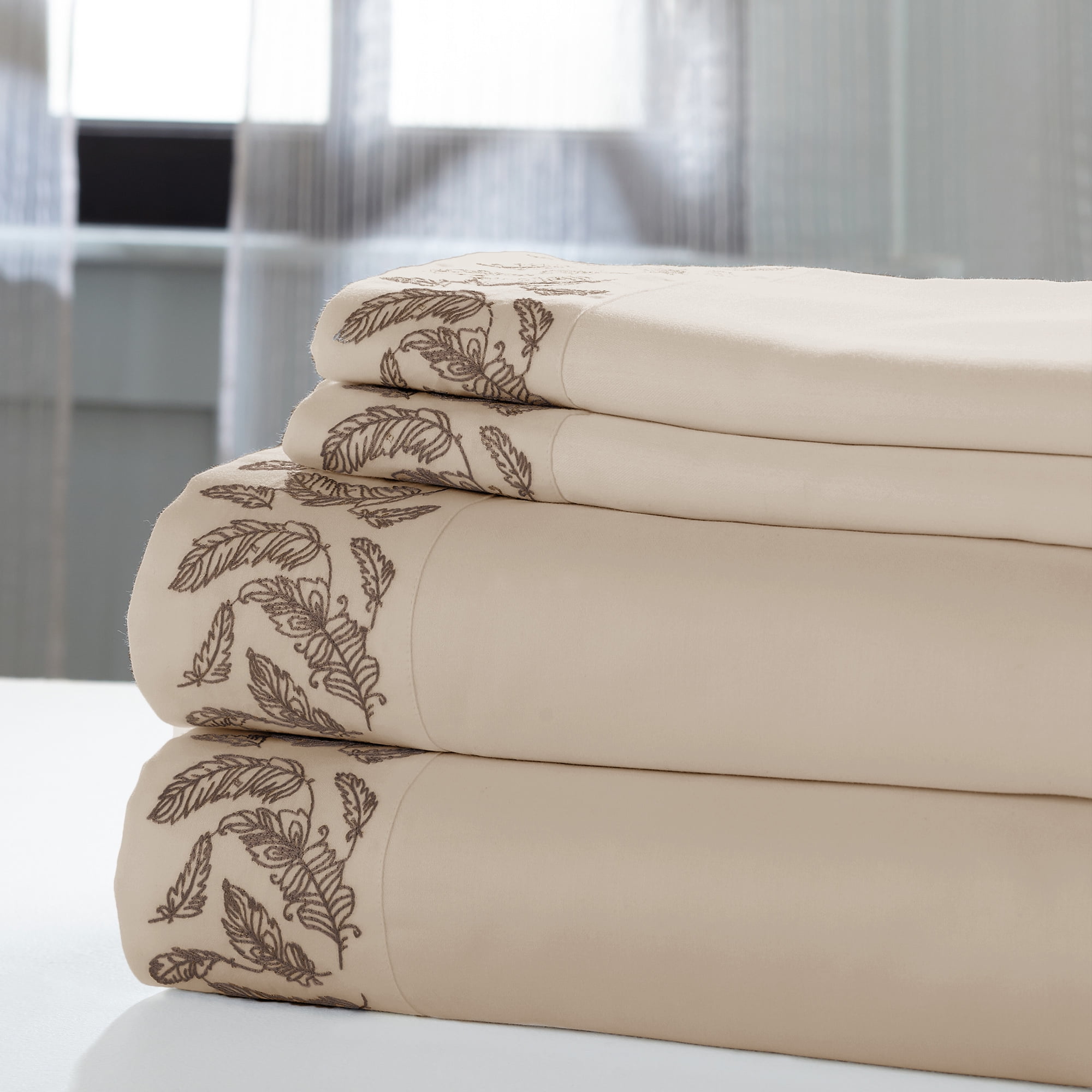 Symphony 1000 Thread Count Cotton Rich 4 Piece Sheet Set Feather Symphony 1000 Thread Count Cotton Rich 4 Piece Sheet Set Feather Almond With Mocha Embroidered Hem Cal King Com