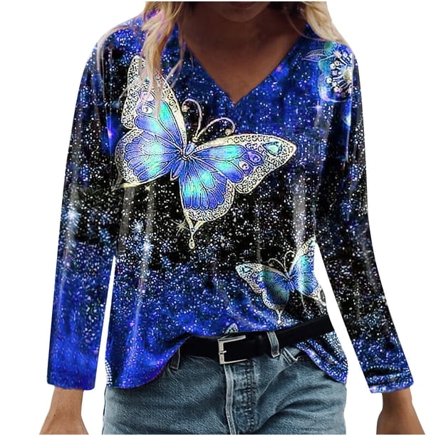 Camiseta de manga larga suelta con cuello en V y estampado informal a la moda para mujer Pompotops gfhjh21374