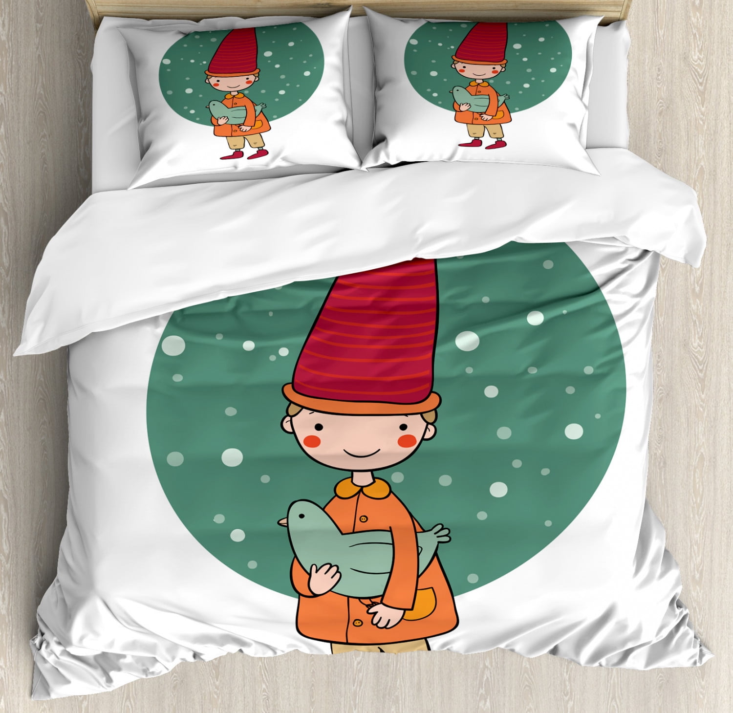 Gnome Duvet Cover Set, Little Boy Holding a Bird Children Fairytale
