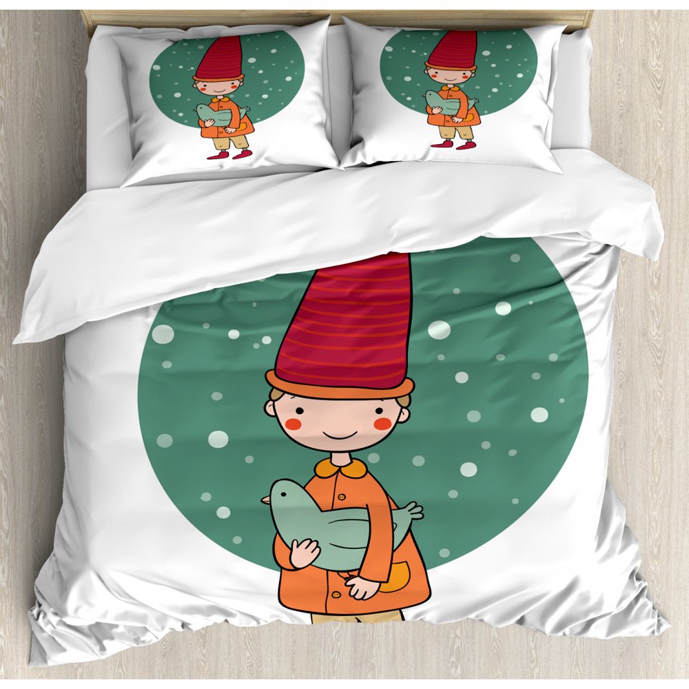 Gnome Duvet Cover Set King Size, Little Boy Holding a Bird Children