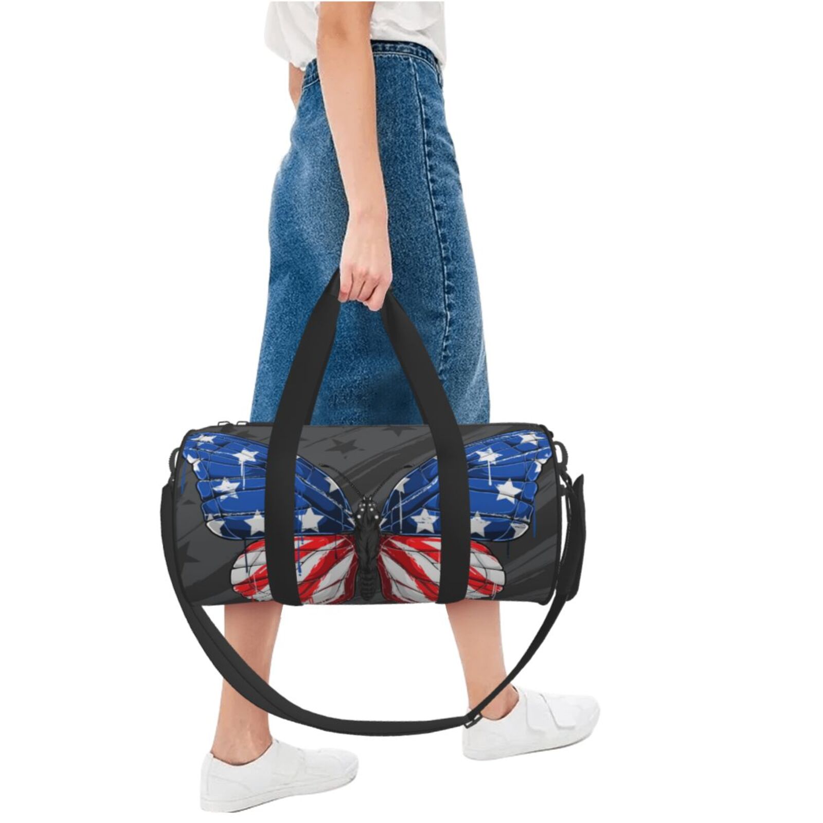 Vsdgher Butterfly With USA Flag 45L Foldable Duffel Bag, Sports Gym Bag,Overnight Bag, Portable Weekender Bag for Airplanes