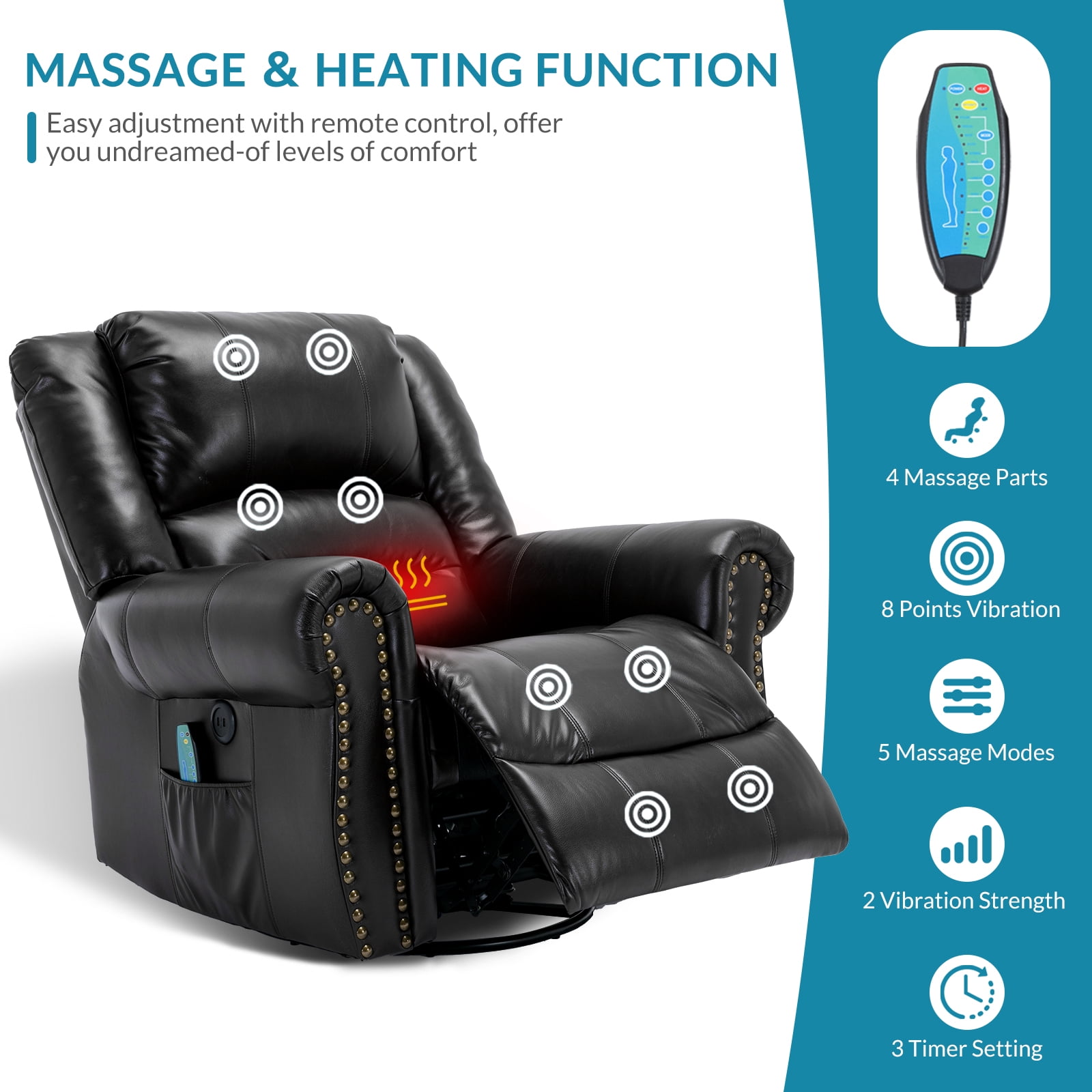 OUINCH Manual 360 Degree Swivel Glider Rocker Recliner Chair with Massage and Heat, USB Ports and 2 Side Pockets, Faux Leather, Black