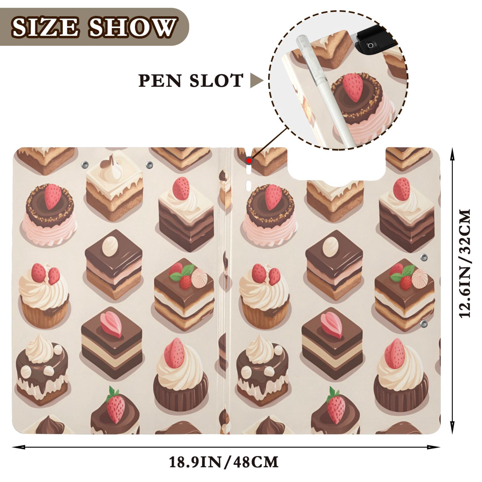 FORMRS A4 Clipboard Folder with Pen Holder Horizontal Foldable School Office Binder, Cute Chocolate Cakes