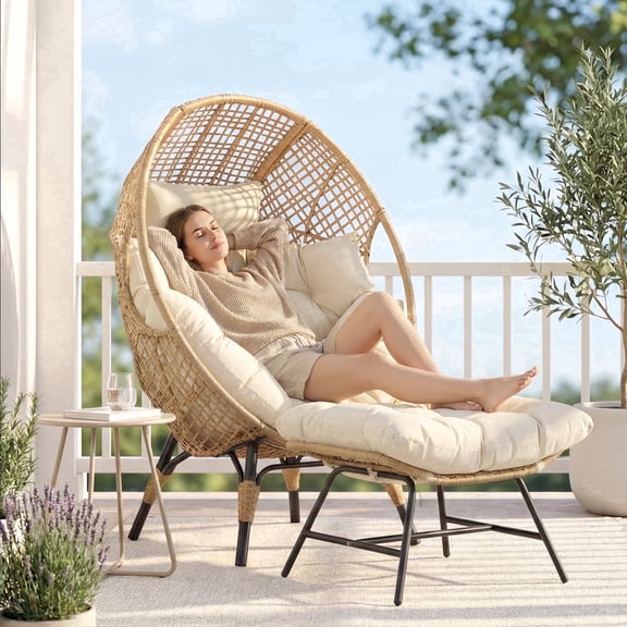 RADIATA Outdoor Egg Chair with Ottoman and Footrest, Wicker Patio Egg Chair, Indoor Outdoor Egg Chair with 6.5 in Cushion, 420 lb Capacity, Beige
