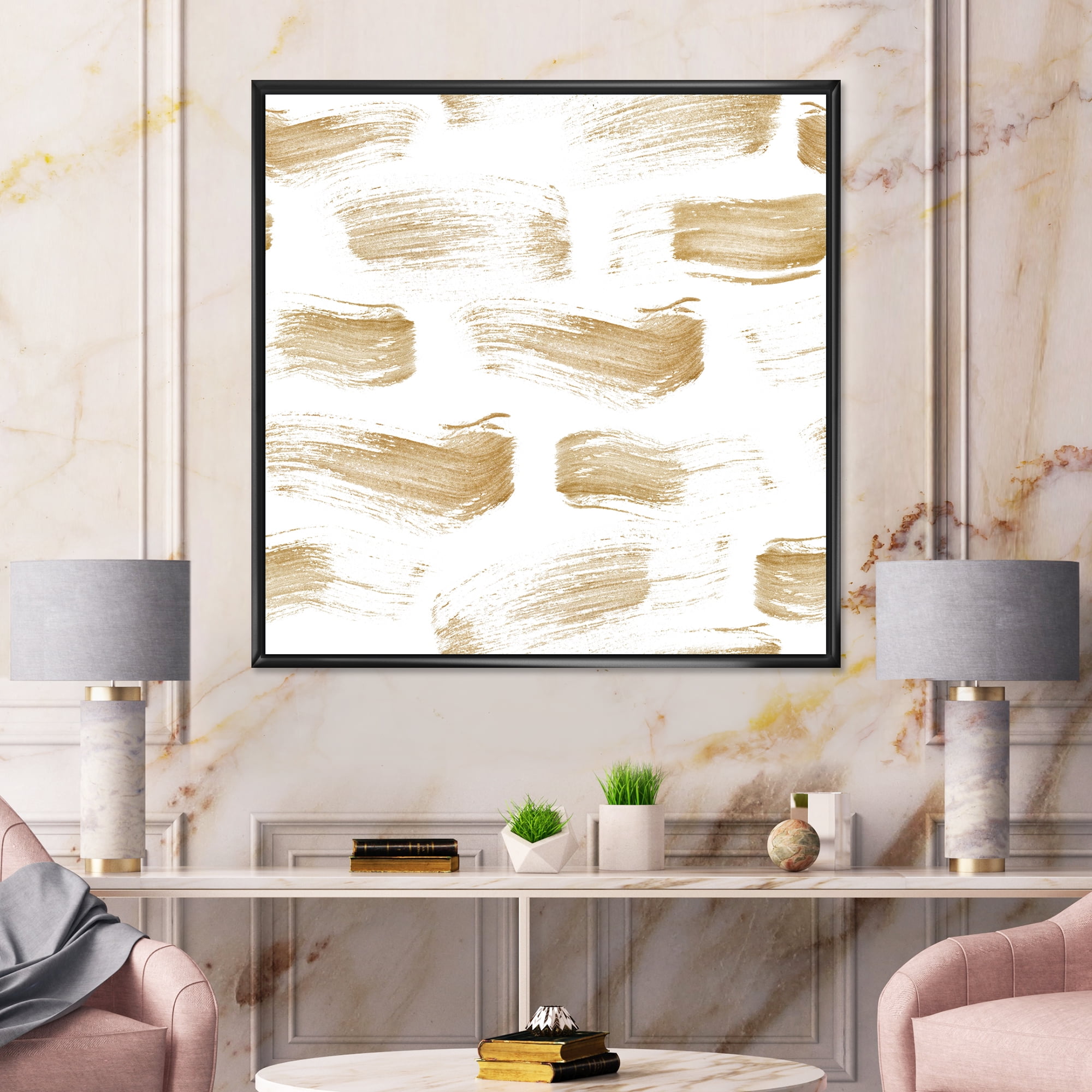 Golden Abstract Brush Strokes 16 in x 16 in Framed Painting Canvas Art Print, by Designart