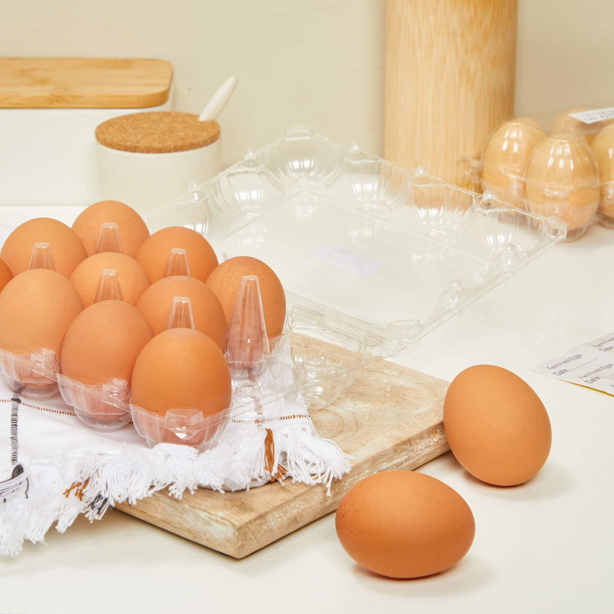 48-Pack Plastic Egg Cartons, Holds 1 Dozen with Date Labels Included, Bulk Pack of Reusable Egg Cartons for Chicken Eggs, Home Ranch, Farm, Commercial Use, Market Display