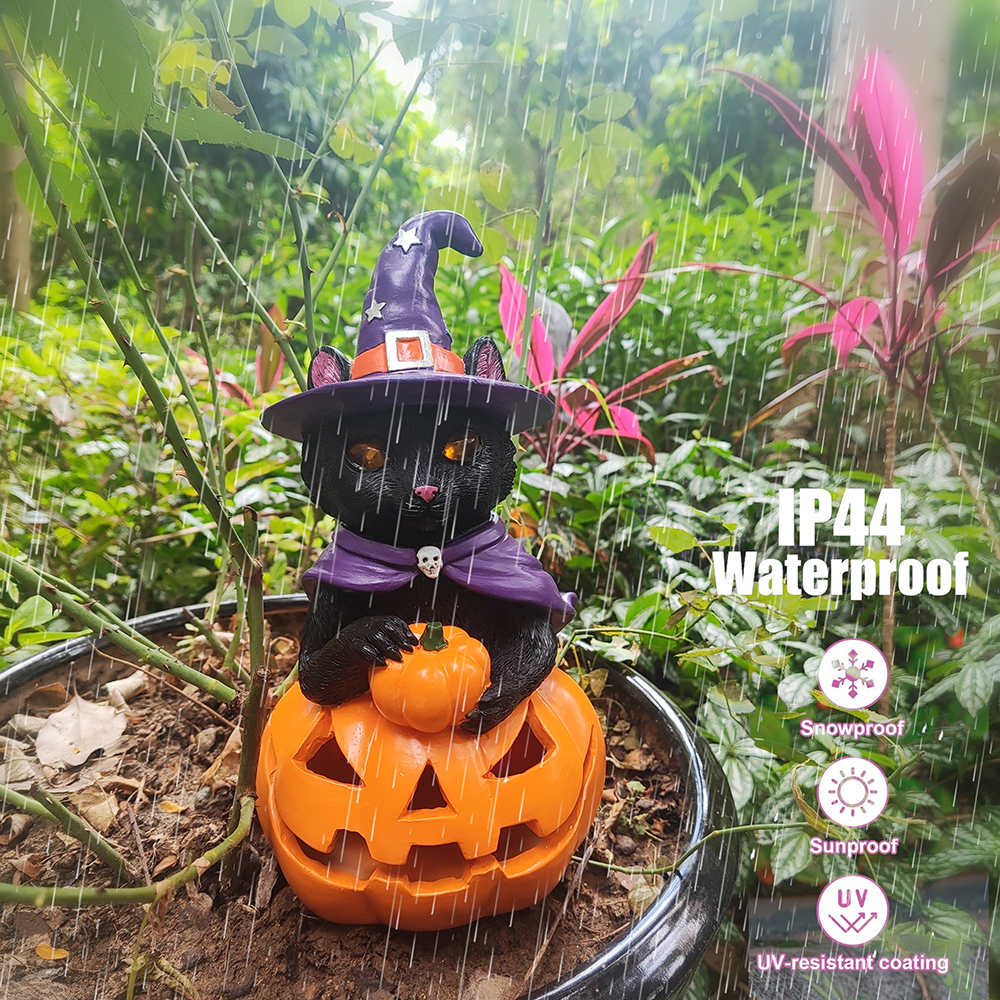 Halloween Decorations Solar Spooky Lights Outdoor Black Cat Pumpkin Figurine Light Garden Statue Decor for Outside Patio Front Porch Yard, Home Decor Gifts for Halloween
