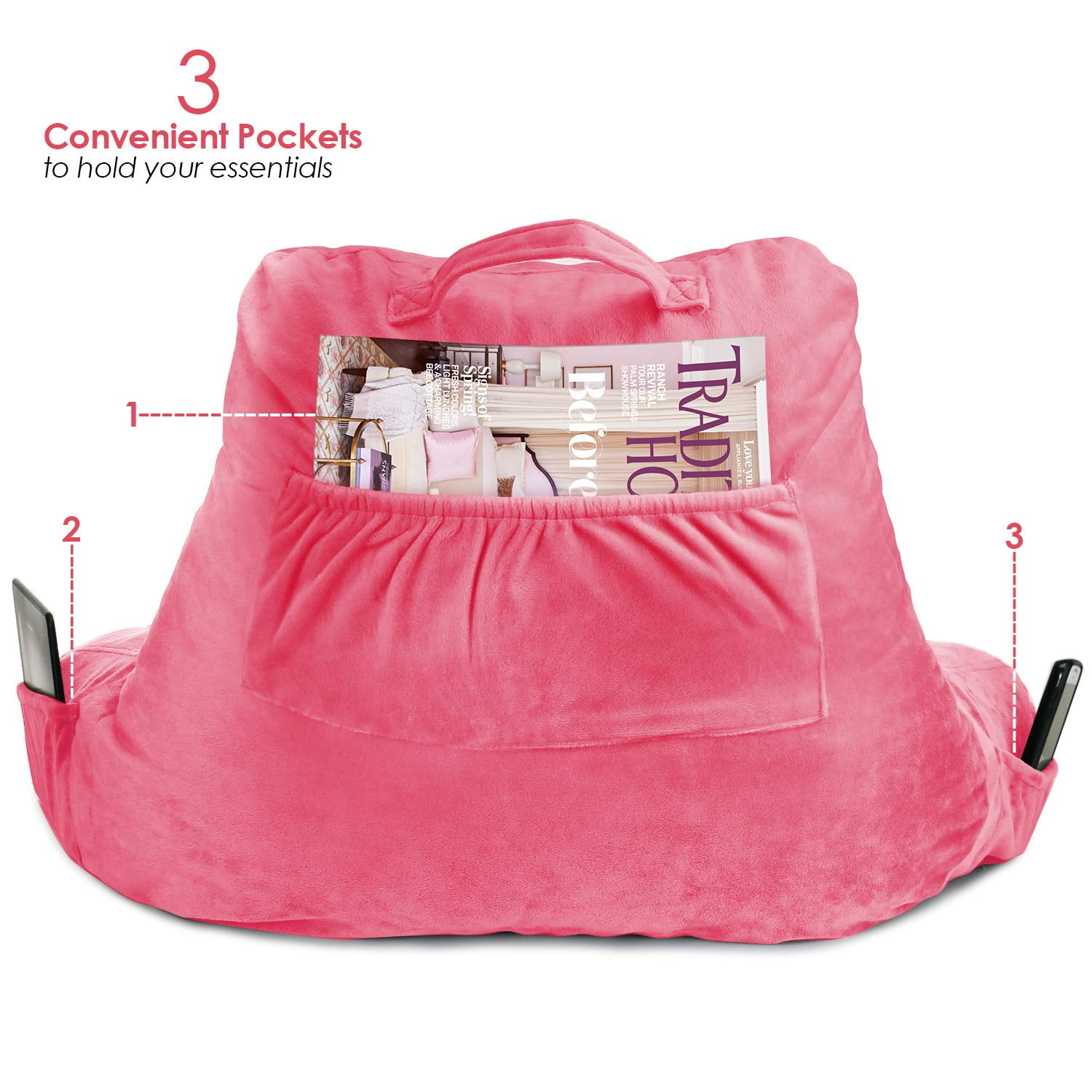 Clara Clark Bed Rest Reading Pillow with Arms and Pockets, for Kids Teens & Adults - Premium Shredded Memory Foam TV Pillow, Medium, Light Pink