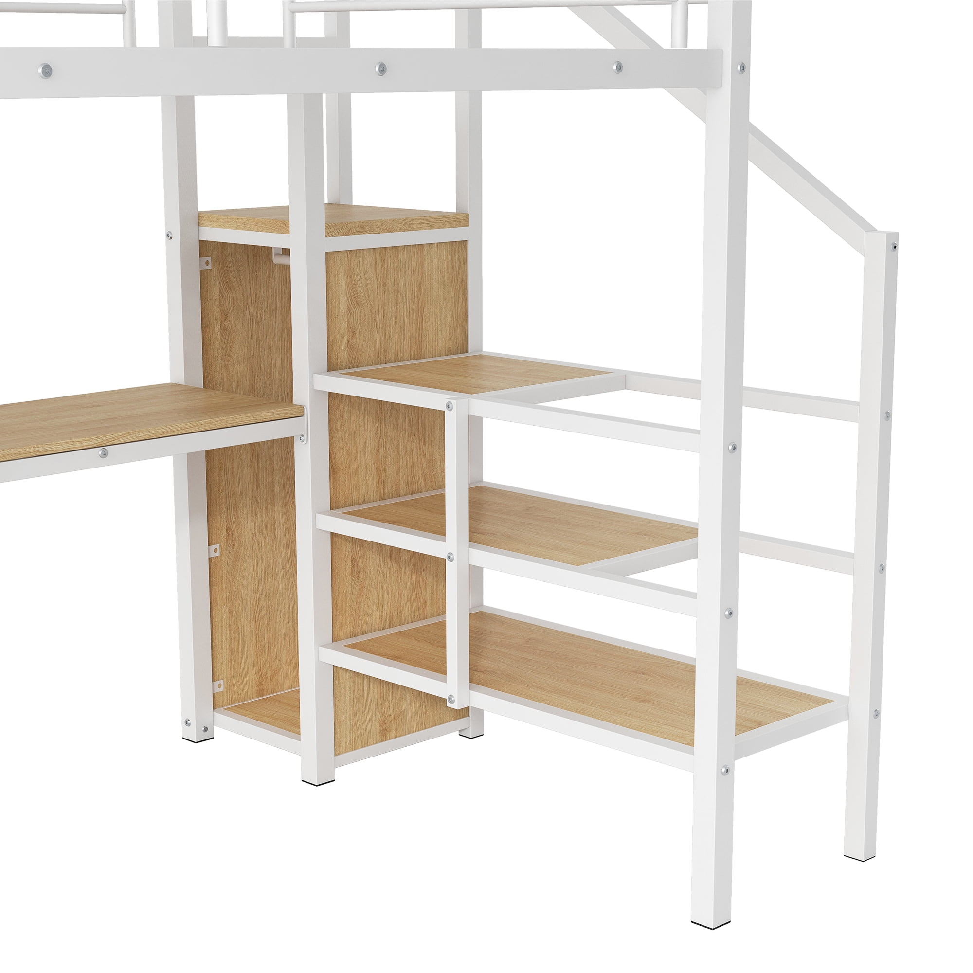 Euroco Metal Full Size Loft Bed with Desk and LED Light, Storage Staircase and Open Wardrobe, White