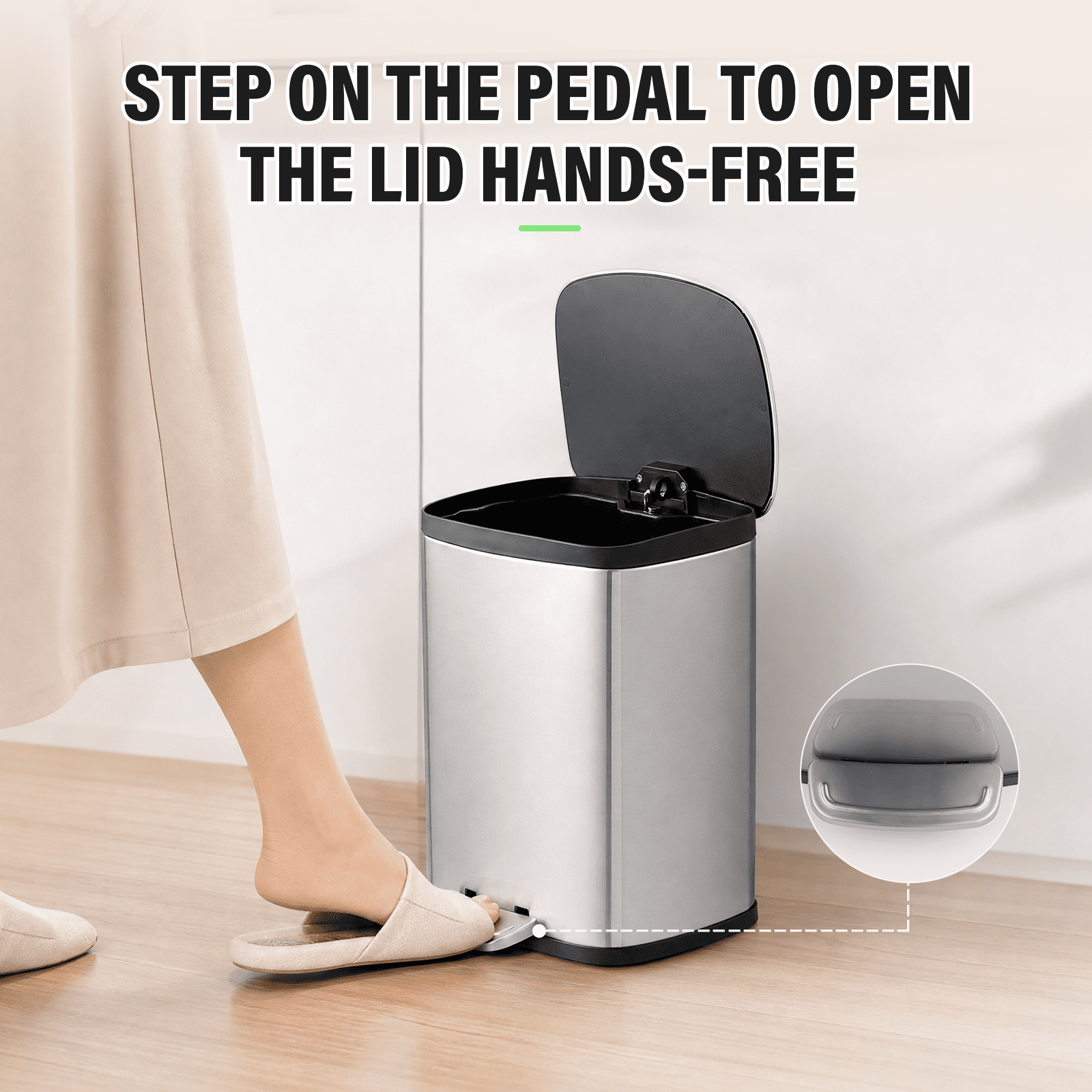 Simplykleen 5L/1.32 Gallon Rectangular Step Trash Can Stainless Steel Garbage Can with Removable Inner Bucket and Side Handle for Bathroom, Bedroom, Office, Silver