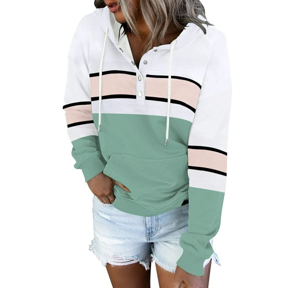 Baqcunre Hoodies For Women Womens Block Hoodies Tops Long Sleeve Drawstring Button Down Pullover Sweatshirt With Pocket Womens Fall Fashion 2023 Womens Sweaters Green L