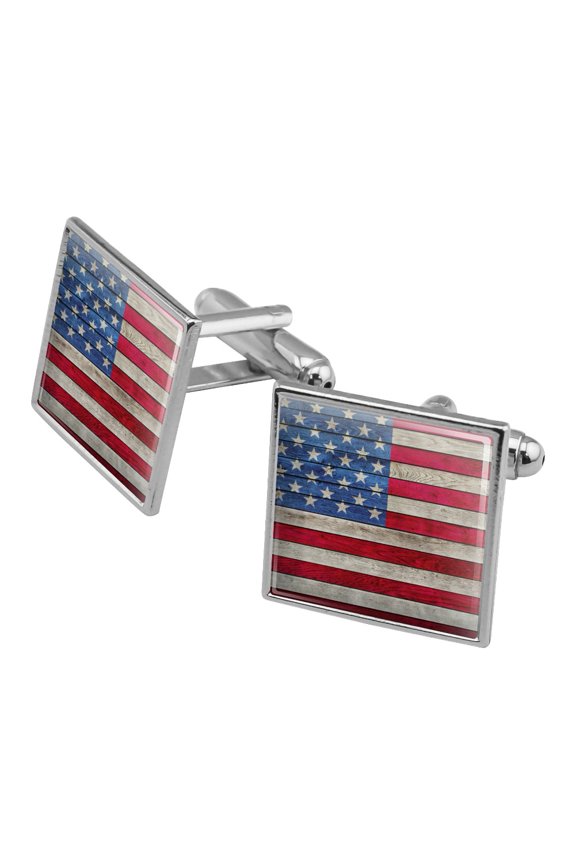 Rustic American Flag Wood Grain Design Square Cufflink Set - Silver or Gold