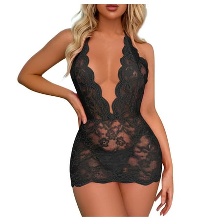 

DNDKILG Women s Sexy Deep V Neck Babydoll Mini Halter Sleepwear Lace Boudoir Lingerie 2XL