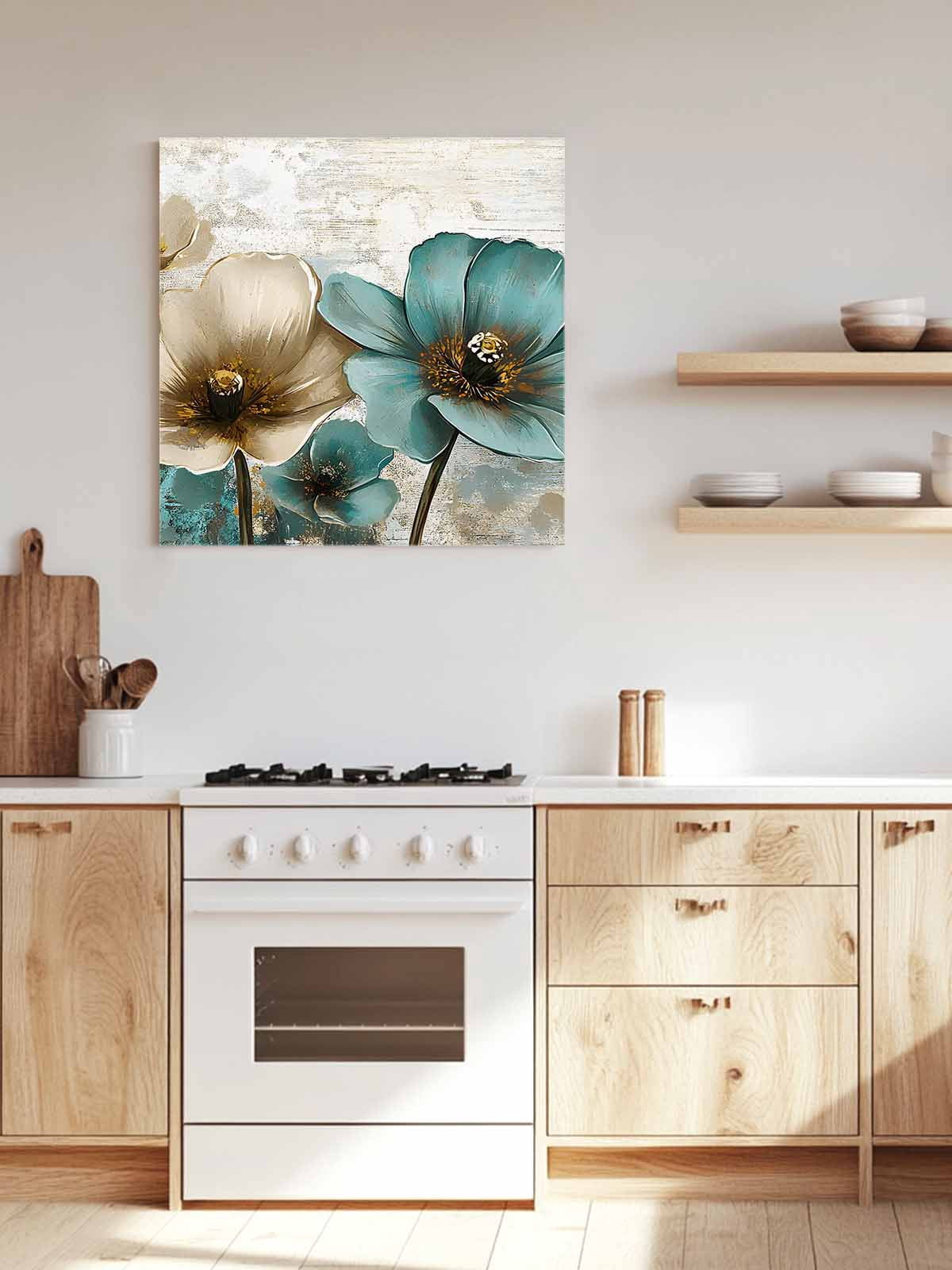 Retro Beige Teal Flowers Canvas Wall Art, Vintage Background Pastoral Style Framed Wall Decor Modern Artwork Prints Painting for Living Room, Bedroom, Kitchen & Cafe Decor 16x16 Inch