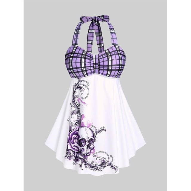Tankini de Talla Extra con Estampado de Calavera con Escote Pronunciado en Espalda Rosegal Leggings de talla grande