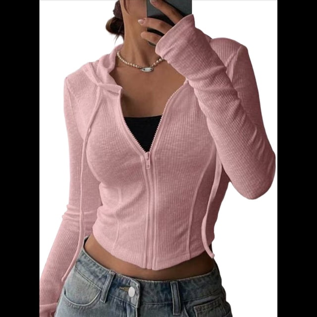 Chaqueta Corta Ligera con Capucha, Cremallera y Cordón de Larga para Mujer Rosa XL