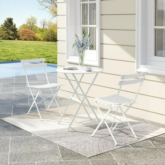 IdealHouse 3-Piece Foldable Bistro Table and Chairs Set - Indoor/Outdoor Premium Metal Frame Coffee Table Set, for Garden/Yard/Balcony, White