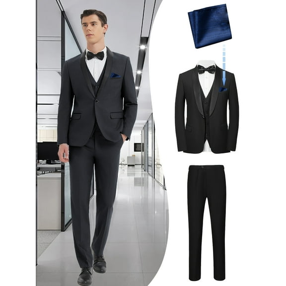 Beauty-Emily Men's 4-Piece Suit Set with Shawl Collar Blazer, Vest, Pants & Blue Square Scarf – Stand Collar, Classic Gentleman Style, Wedding, Party & Formal Dance Wear
