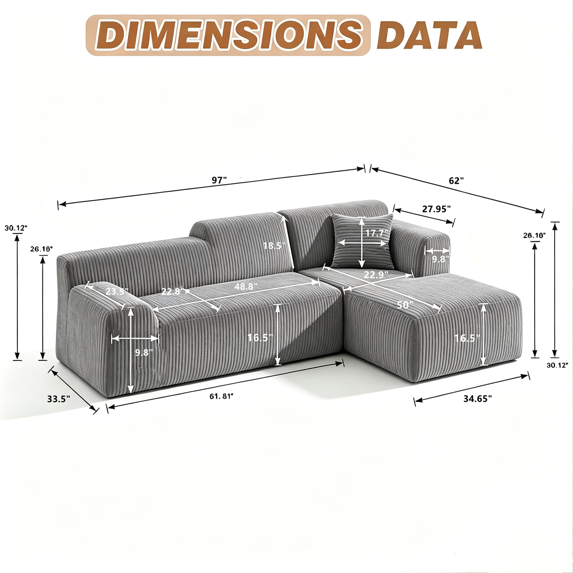Aukfa 97" Cloud Sectional Sofa Tight Back Boneless Couch Modular L-Shaped Couch, Right Chaise Corduroy Sofa for Living Room, Gray
