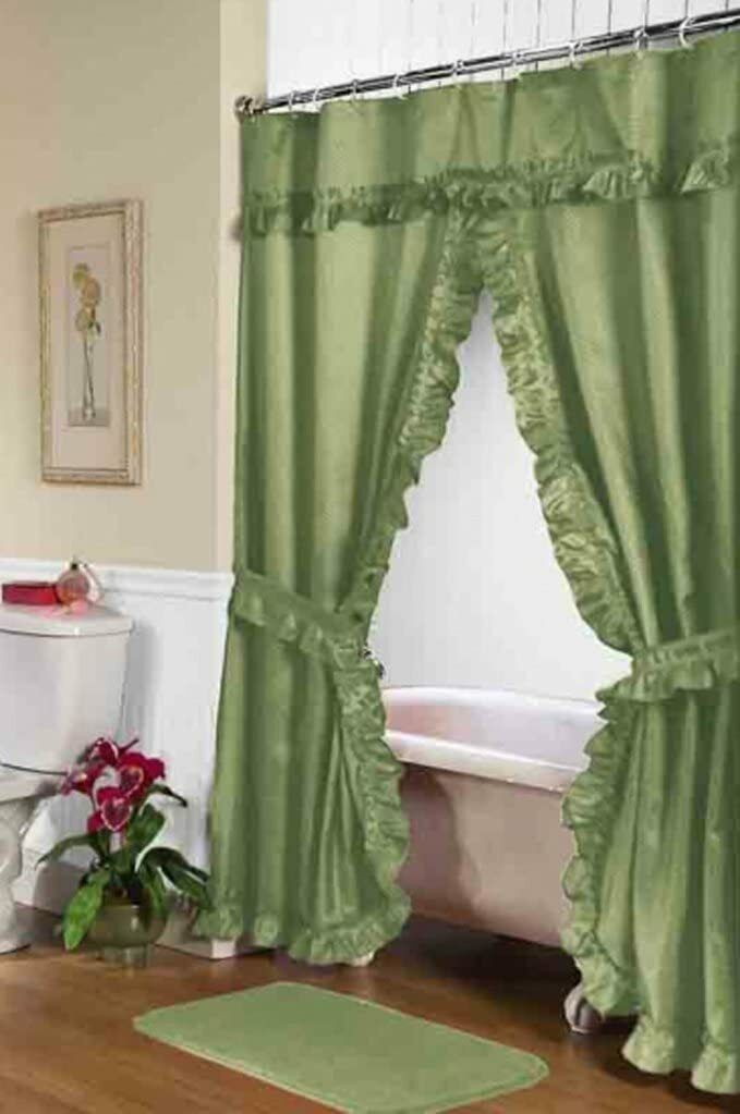 DOUBLE SWAG FABRIC SHOWER CURTAIN, LINER, RINGS, DOBBY DOT DESIGN