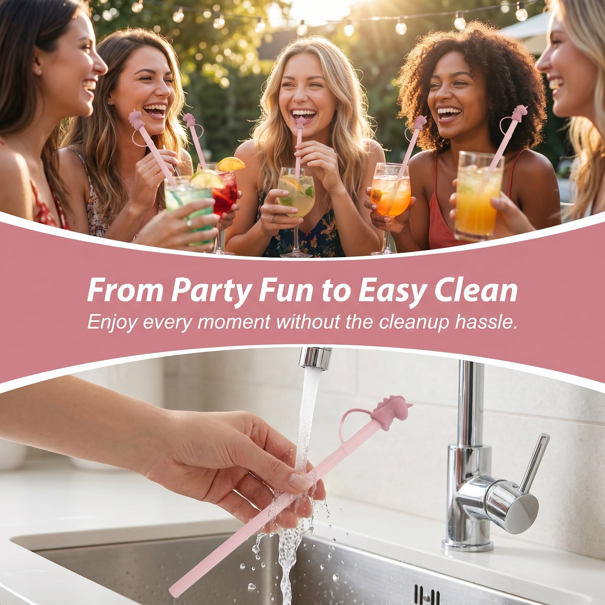 Unique Bargains 6Pcs Reusable Durable Dishwasher Safe Silicone Straws Pink A