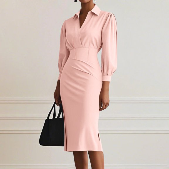 Sentmoon Long Sleeve Fall Dress Solid Color Collared Spring Break Dresses Pleated Slim Dress for Women for Beach and Vacation