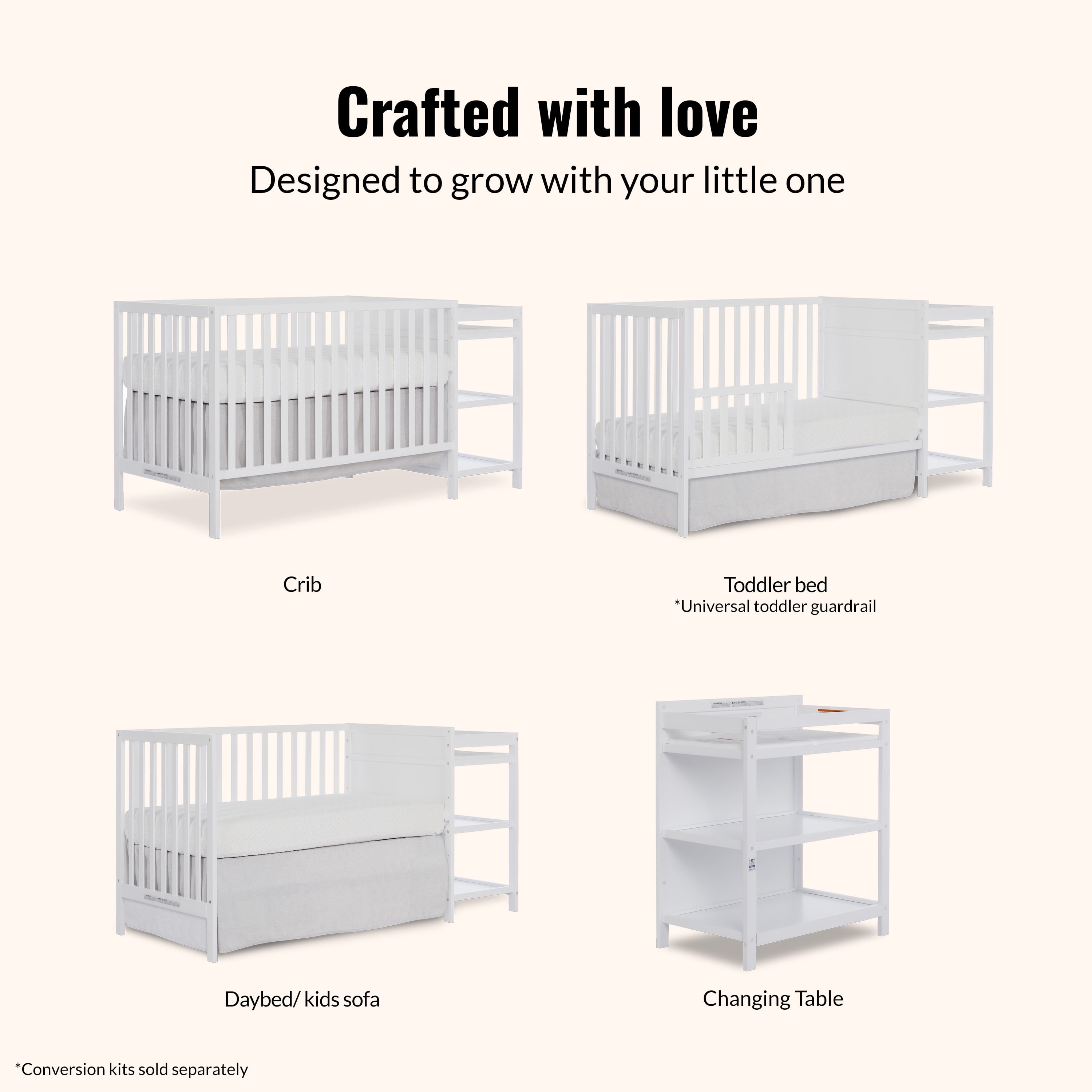 Dream On Me Synergy Convertible Baby Crib and Changer in White with Detachable Changing Table