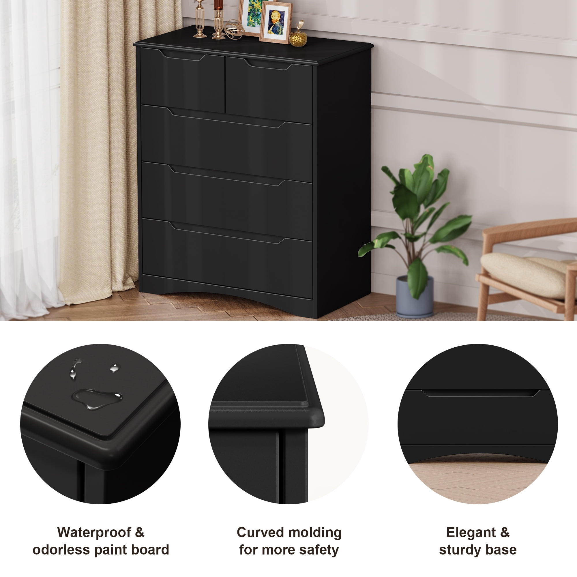 5 Drawers Dresser ,Wooden Storage Cabinet with Cutout Handles for Living Room|Hallway|Entryway|Guest Room,Black