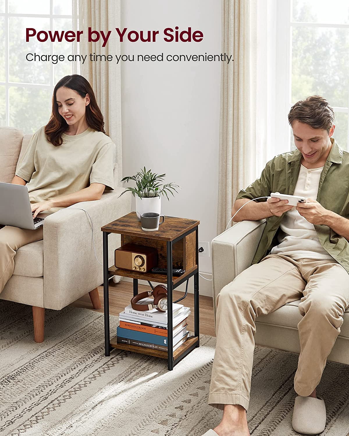 Side Table with Charging Station, 3-Tier End Table Nightstand for Living Room Bedroom Rustic Brown and Black
