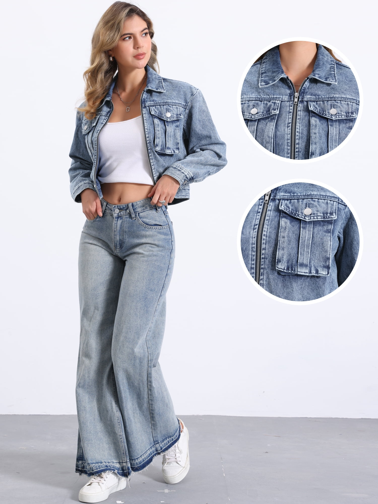 DARING DIVA Women's Zip Up Long Sleeves Cropped Denim Jacket S Washed Blue