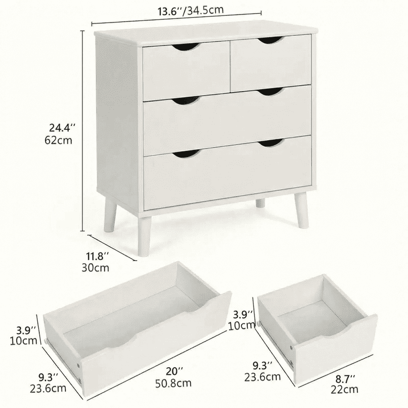 Slevoo 4 Drawers Dresser for Bedroom, 24.4''H White Drawer Dresser Nightstand with Solid Wood Legs