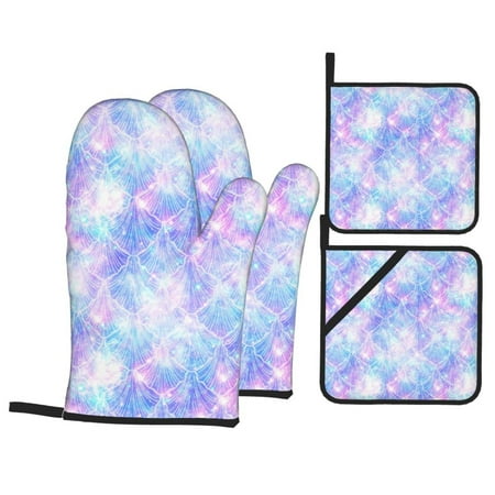 

Oven Mitts and Pot Holders Sets 4 pcs - bright blue shiny fish scale Heat Resistant Silicone Oven Gloves with Non-Slip Silicone Surface and hot pads for kitchen Baking Cooking BBQ