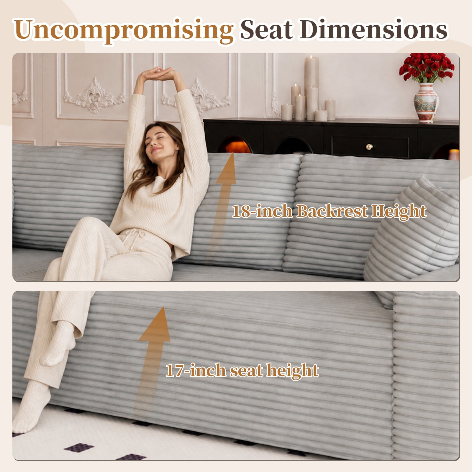 Lunale 105" Modular L-Shaped Sectional Sofa, Boneless Cloud Couch, No Assembly Required, Modern Deep Seat Corduroy Sofa for Living Room, Light Grey (Left Facing Chaise)