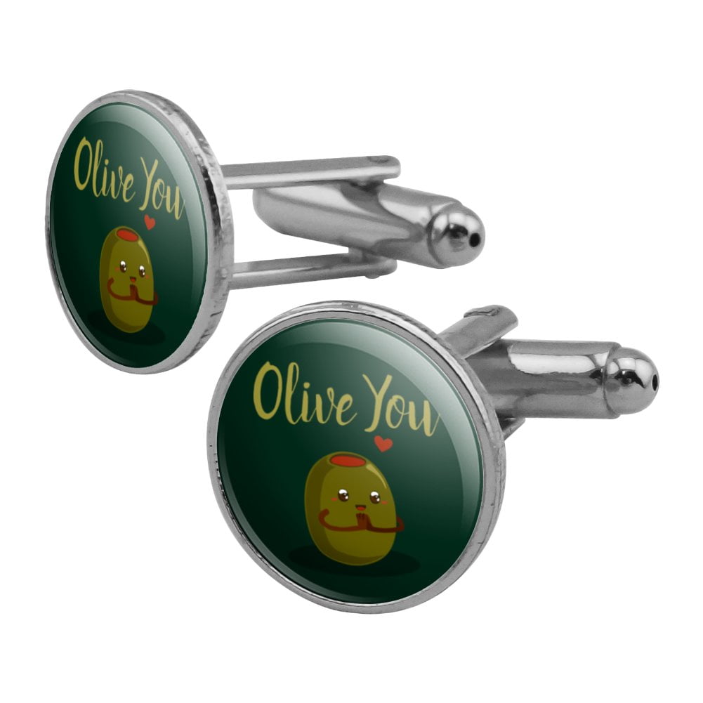 Olive You I Love You Funny Round Cufflink Set Silver Color