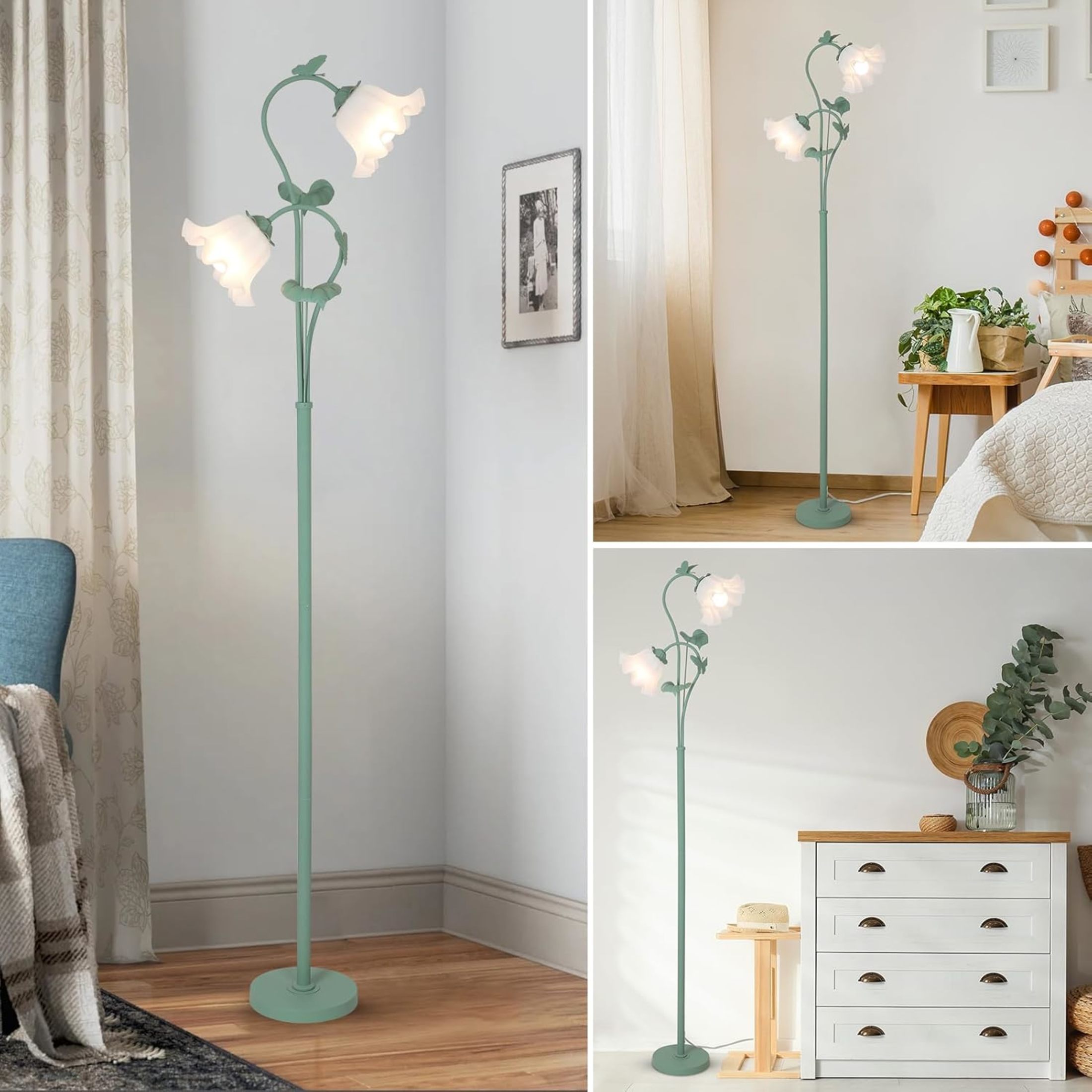 Noble House 65" Vintage Flower Floor Lamp with Acrylic Floral Shades, Green Iron Base Tall Lamp for Living Room, Green