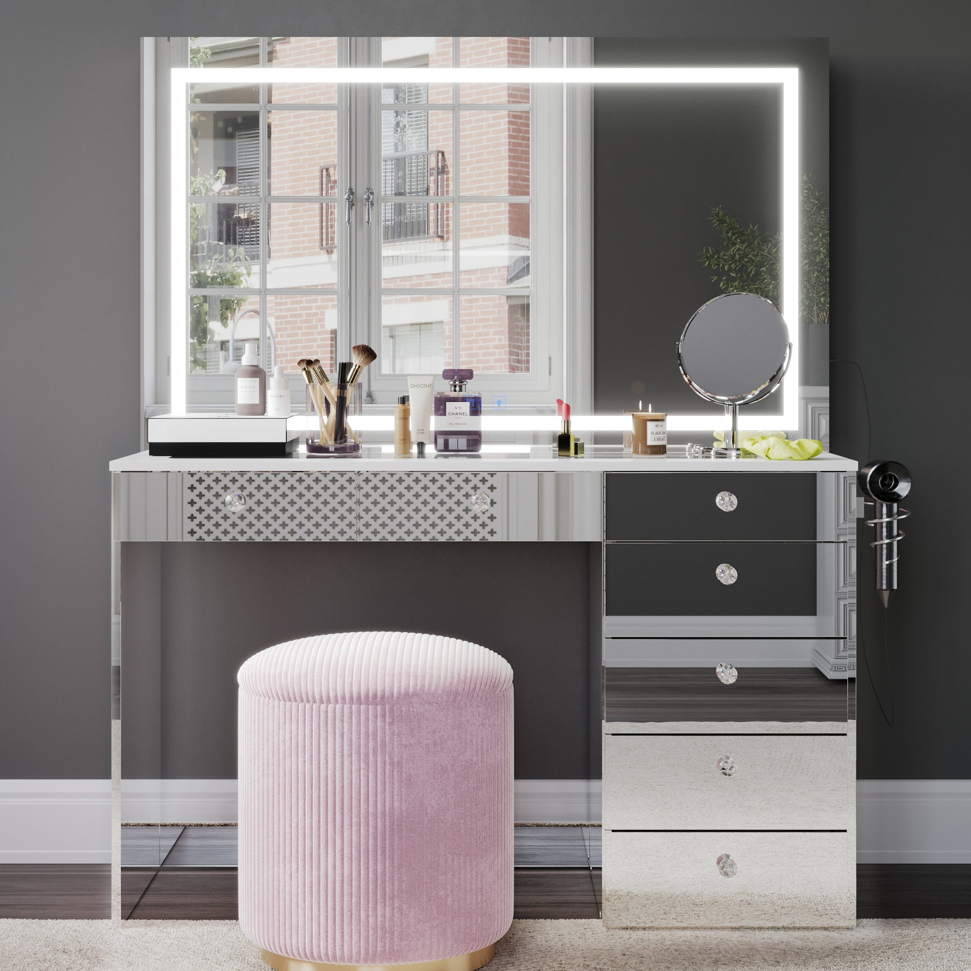 Boahaus Zoe Vanity Set with LED Mirror, Bluetooth Speakers & Large Storage, Mirrored