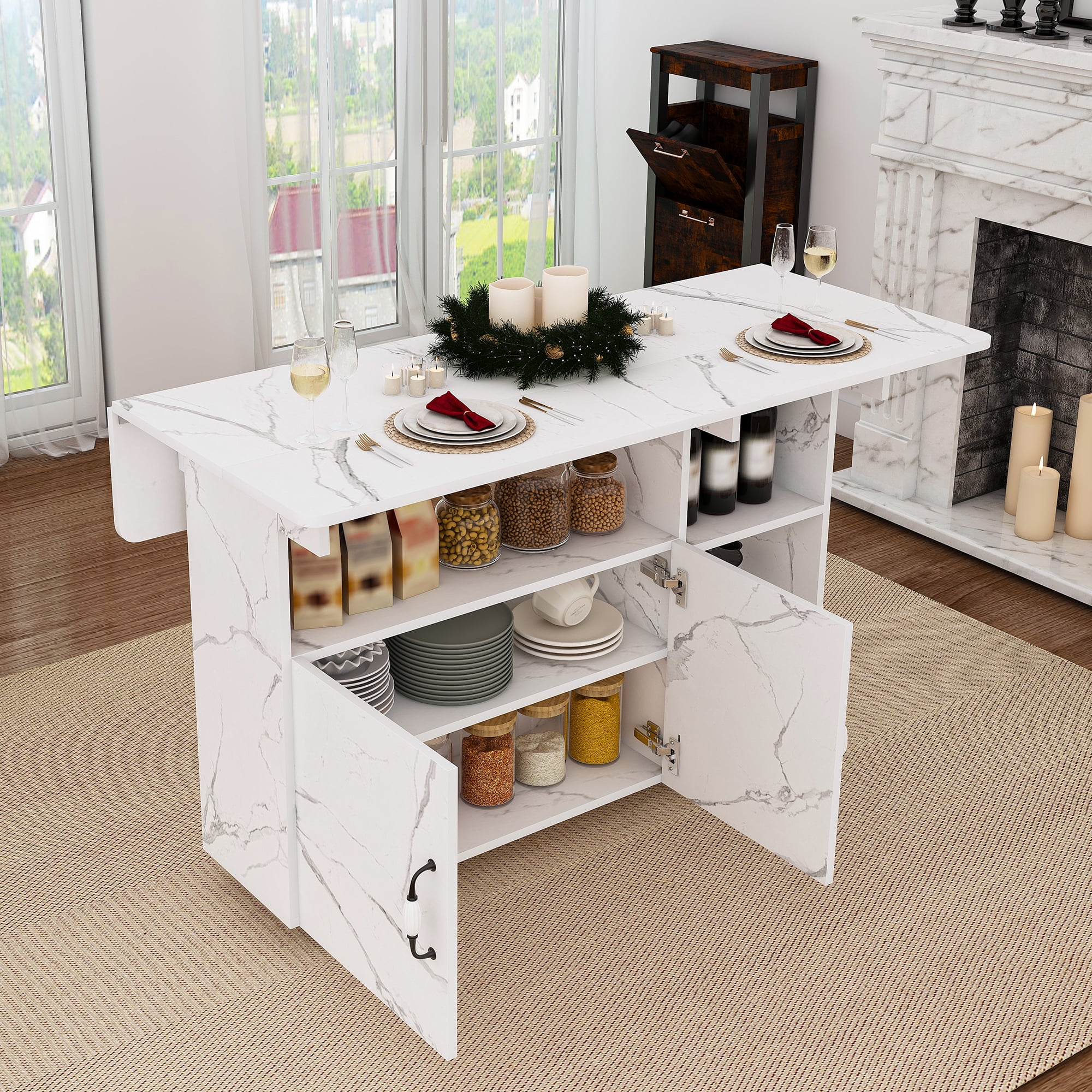 Multi-Functional Folding Table with Storage Shelves and Wheels, 47 Inch Foldable Dining Table for Small Spaces, Compact Desk for Kitchen, Dorm, Office, White