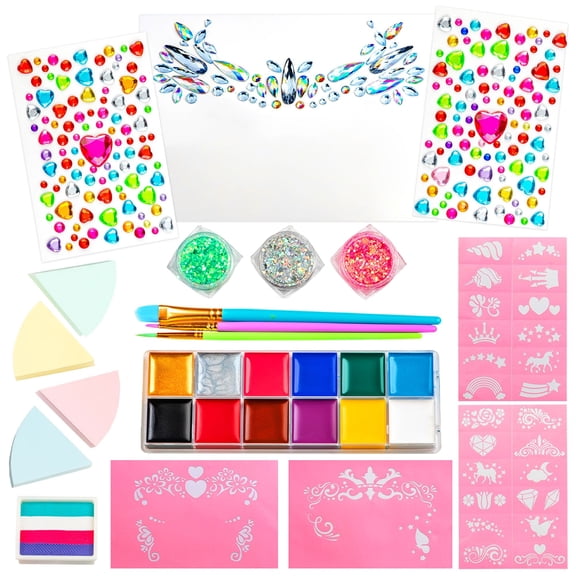 GirlZone Unicorn and Jewels Face Painting Kit, Fun Face Paint Set with Face Gems, Brushes, Face Paint Stencils & a Lookbook, Great Gift Idea and Halloween Toys for Kids