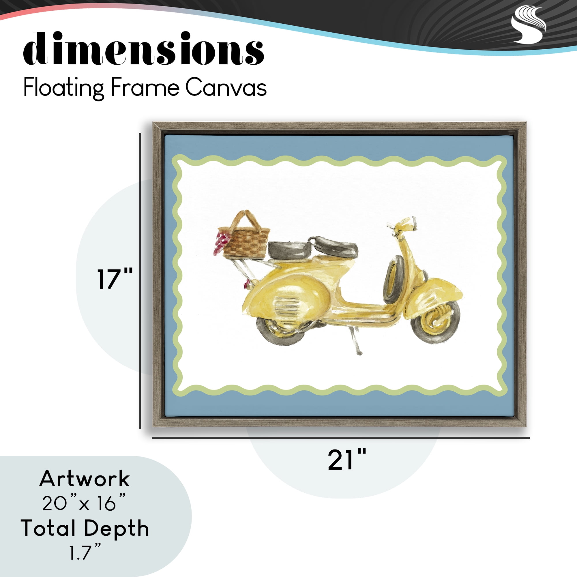 Stupell Industries Yellow Vespa with Wavy Border Brown Framed Floater Canvas Wall Art, design by Lanie Loreth