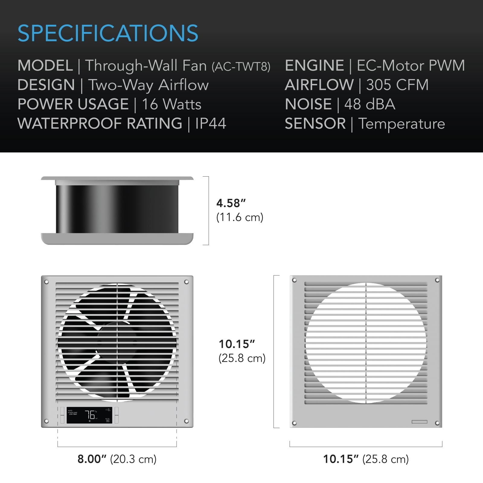 AC Infinity Room to Room Fan 8”, Two-Way Reversible Airflow Through-the-Wall Fan with Temperature Controller, Quiet Precise 10-Level Speeds for In-Wall Kitchen, Laundry Room, and Workshops